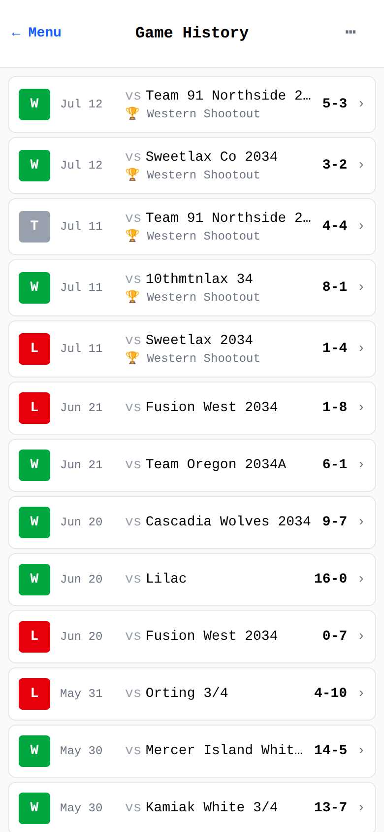 Game history list with win/loss badges and tournament tags — where past games are added and completed games are corrected