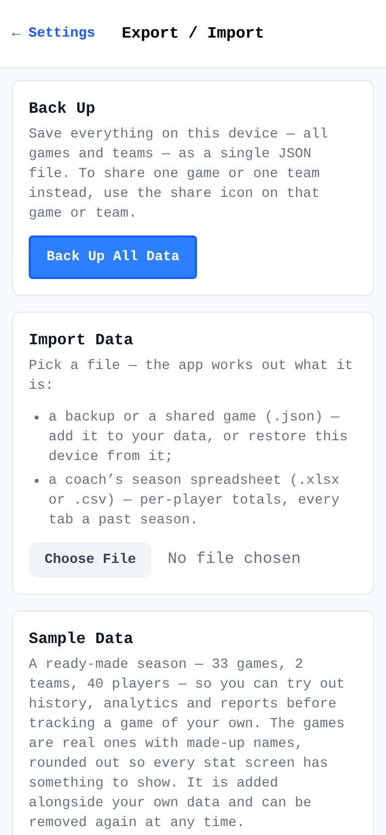 Export / Import tools: full backup, additive import, and one-tap sample data