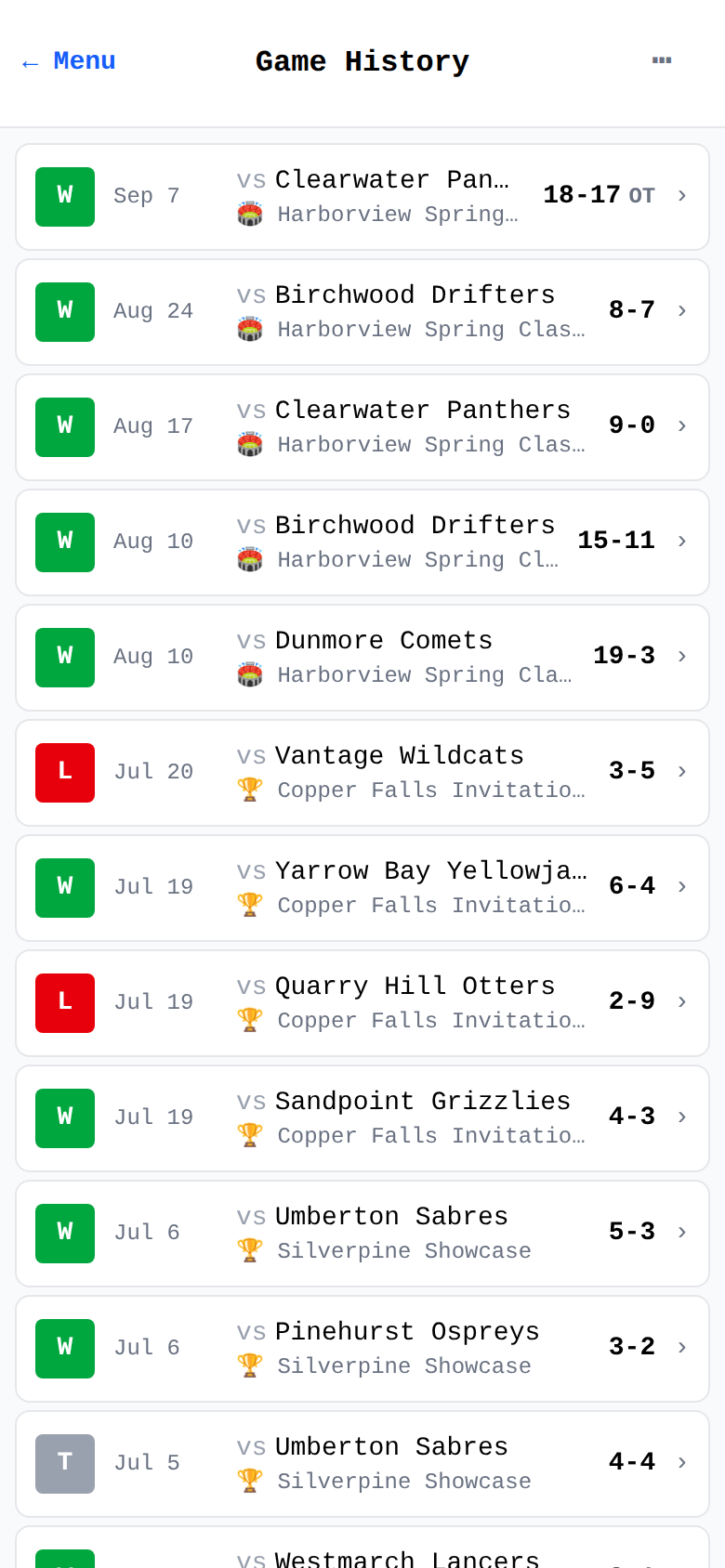 Game history list with win/loss badges and tournament tags — where past games are added and completed games are corrected