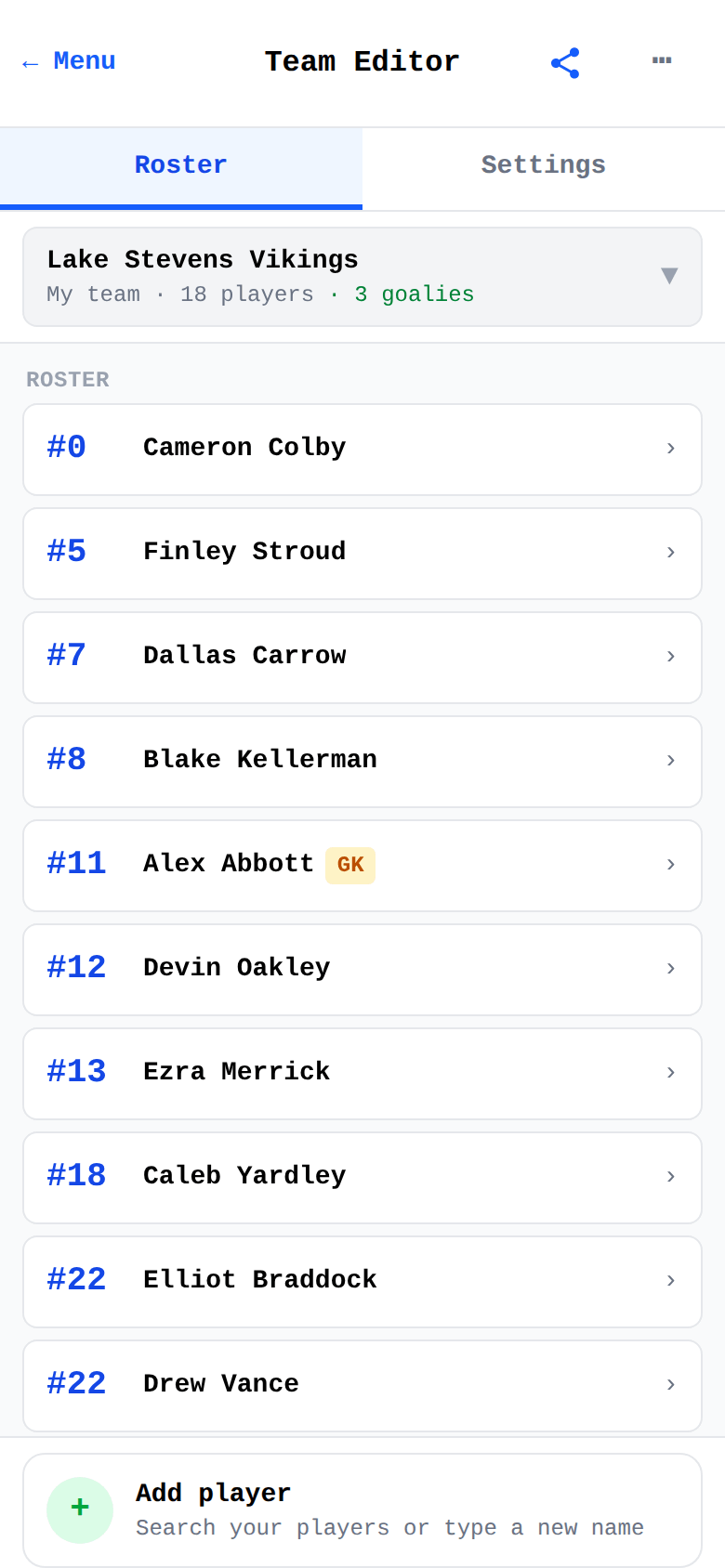Team Editor roster: the team card counting players and goalies, players listed by jersey number with a GK badge on the keeper, and the Add player row